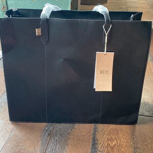 NWT BEIS the work tote black large size laptop pocket pouch vegan leather